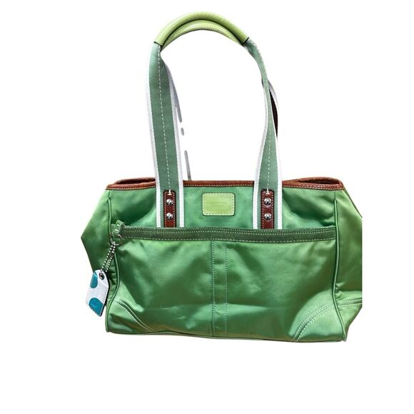 Coach Hampton Tote Bag Green Nylon Leather Carryall Lined Shoulder L0893-70157 - Picture 1 of 9